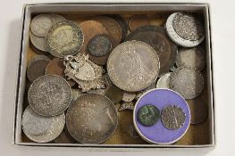 Two silver fobs, together with a quantity of coins, silver crowns, an early groat etc. (Q) CONDITION