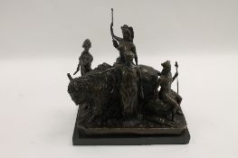 After Masier - A bison and figure group, bronze study on black marble plinth, width 33 cm. CONDITION