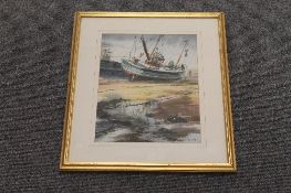 Thomas Manson : A Fishing boat at low tide, watercolour, signed, 28 cm x 20 cm, framed. CONDITION