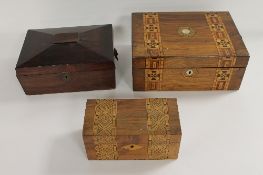 A Victorian parquetry inlaid writing slope, together with a tea caddy of similar design and a