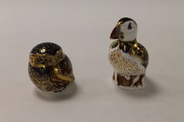 Two Royal Crown Derby English bone china paperweights : Little Owl, height 8 cm, and Puffin,