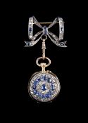 A 9ct gold diamond and sapphire encrusted Lady's fob watch, suspended upon a ribbon bar brooch