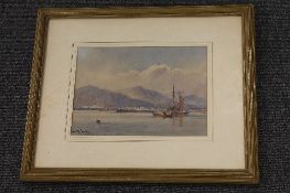 Thomas Bush Hardy : Fishing boats in calm waters with mountain beyond, watercolour, signed, 18 cm