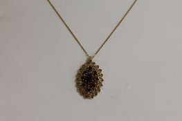 A 9ct gold garnet pendant on chain. CONDITION REPORT: Hallmarked pendant, on plated chain.