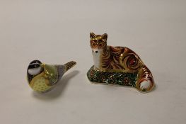 Two Royal Crown Derby English bone china paperweights : Devonian Fox Cub, height 9cm, and Great Tit,