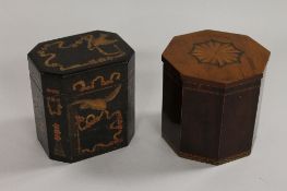 A nineteenth century inlaid mahogany and satinwood octagonal tea caddy, width 12.5 cm, together with
