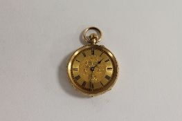 A 14ct gold pocket watch. CONDITION REPORT: Good condition and nicely engraved detail to the case