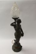 A late nineteenth century patinated spelter figured lamp, height 90 cm. CONDITION REPORT: Requires