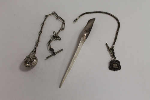 A silver pocket watch chain, together with a silver letter opener, a silver plated sovereign