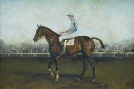 Follower of Sir Alfred J. Munnings : A racehorse with mounted jockey, oil on board, 22 cm x 33 cm,