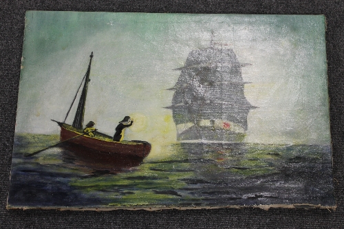 Twentieth century school : A fishing boat with large vessel beyond, oil on canvas, marked verso 'J.