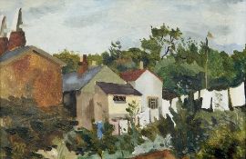 Kenneth Rowntree : Kent landscape, oil board, signed with initials, with Hatton Gallery label verso,