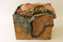A nineteenth century pine box containing Victorian chenille and other linen, velvet curtains etc. (