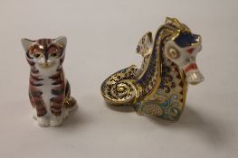 Two Royal Crown Derby English bone china paperweights : Coral Sea Horse, height 10 cm, and Kitten,