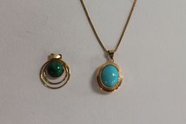A 14ct gold malachite pendant, together with a yellow metal and turquoise pendant on chain. (2)