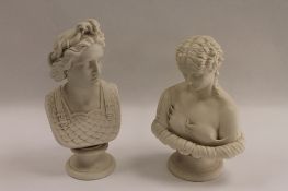 A nineteenth century parian bust depicting a maiden, together with another similar, height 28 cm. (