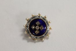 A Victorian blue enamel, seed pearl and diamond brooch. CONDITION REPORT: The reverse unmarked. Four