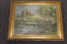 Ronald Lambert Moore : A fisherman by a river with castle beyond, oil on board, signed, 38 cm x 50