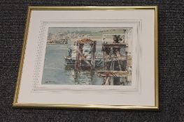 Thomas Manson : A fishing boat off a jetty, watercolour, signed, 19 cm x 25 cm, framed. CONDITION