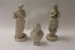 A Robinson & Leadbeater parian bust of Queen Victoria, height 21 cm, together with two classical