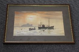 Ronald Lambert Moore : Off Bamburgh, watercolour, signed, 21 cm x 35 cm, framed. CONDITION REPORT: