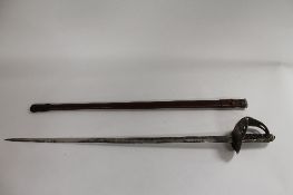 A George V officer's sword in leather scabbard. CONDITION REPORT: Corrosion to blade, fair