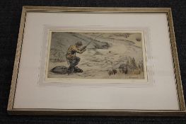 Henry Wilkinson : A fisherman on the river, drypoint etching in colours, signed in pencil,