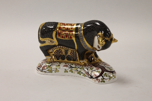 A Royal Crown Derby English bone china paperweight : Grecian Bull, height 13.5 cm, boxed.
