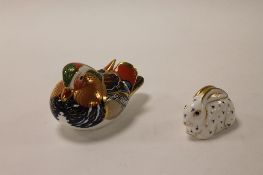 Two Royal Crown Derby English bone china paperweights : Mandarin Duck, height 8 cm, and Baby Rabbit,