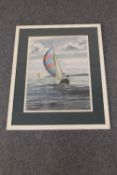 M.L.Dixon : A yacht under full sails, watercolour, signed, 46 cm x 33 cm, framed. CONDITION
