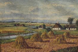 Twentieth century continental school : A view across farm land, oil on canvas, 94 cm x 135 cm,