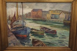 Twentieth century continental school : Boats moored in a dock, oil on canvas, 49 cm x 68 cm,