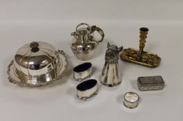 A silver plated stirrup cup, together with a Victorian brass chamber candlestick and other silver
