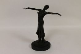 A bronze figure depicting an Art Deco style lady, on marble plinth, height 37 cm. Good condition.