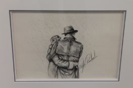 Jeff Rowland : Safe in my arms, pencil drawing, 26 cm x 36 cm, signed, framed. Good condition,