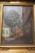 Early twentieth century continental school : Figures in a cobbled street, oil on canvas, 51 cm x