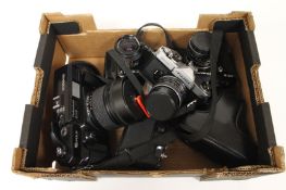 A Fuji GW690II professional, together with five other cameras. (6) Lot comprises-Fuji GW690II, Zenit