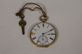An 18ct gold Swiss pocket watch. Enamel dial with chips at 9 & 3. The case marks rubbed. Dial also