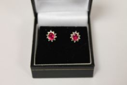 A pair of 9ct gold rubellite and diamond earrings. (2) Good condition.
