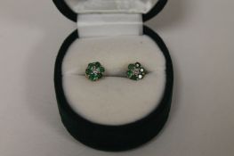 A pair of 9ct gold emerald and diamond earrings. (2) Good condition.