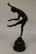 After Claire Jeanne Roberte Colinet-A bronze study of a naked lady juggling, on marble plinth,