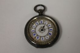 A silver and enamel fob watch, London 1880, cased. Good condition.
