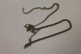 Two silver pocket watch chains. (2) Lengths of 30 cm and 38 cm. Each link stamped. Fair condition.