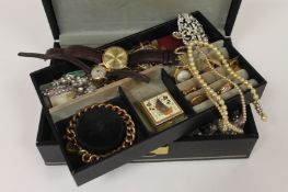 A jewellery box containing costume jewellery, cufflinks, cameo brooch, wrist watches etc. (Q)