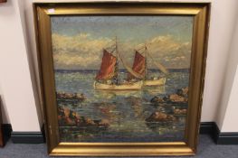 Early twentieth century continental school : Sailing boats at low tide, oil on canvas, 92 cm x 93