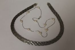 A sterling silver fresh water pearl necklace, together with another sterling silver flat-link