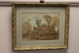 Circle of Miles Birket Foster : Figures by a country dwelling, pencil with watercolour, bears