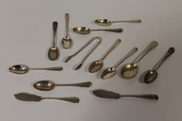 Nine silver teaspoons, together with four other items of silver. Other items include preserve spoon,