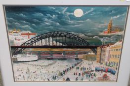 `The Newcastle Quayside in winter`, a limited edition colour print, 36 cm x 45 cm, indistinctly