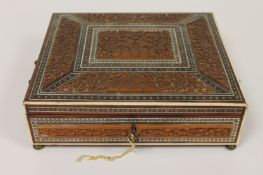 An Anglo-Indian rosewood work box, width 30 cm. Profusely inlaid with white and stained ivory,